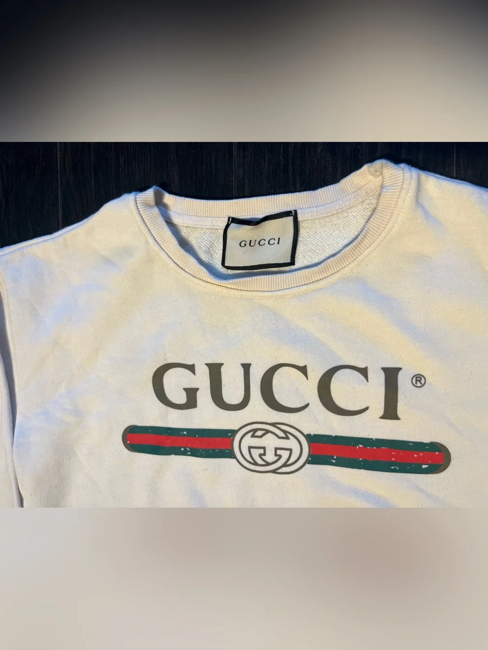 Gucci White Crewneck Sweater with Red and Green Stripe Logo